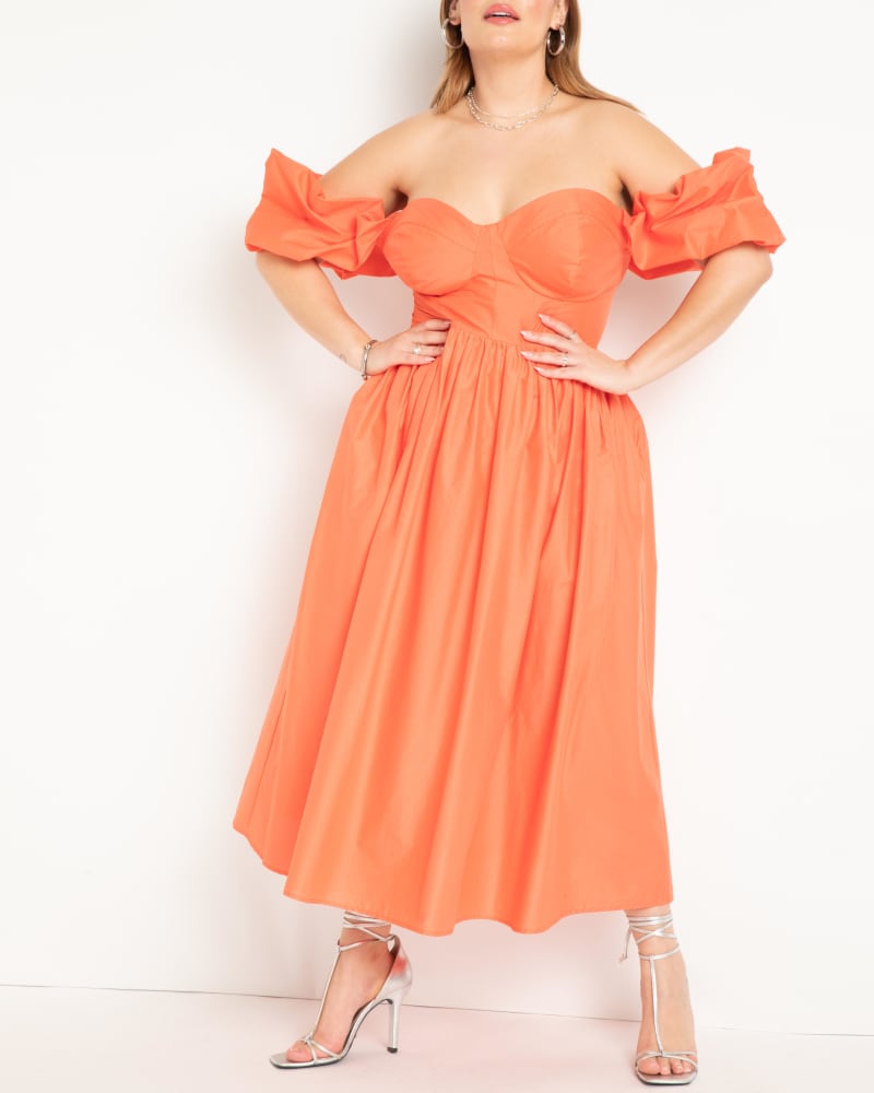 Front of a model wearing a size 24 Bustier Off The Shoulder Dress in Emberglow by ELOQUII. | dia_product_style_image_id:284458